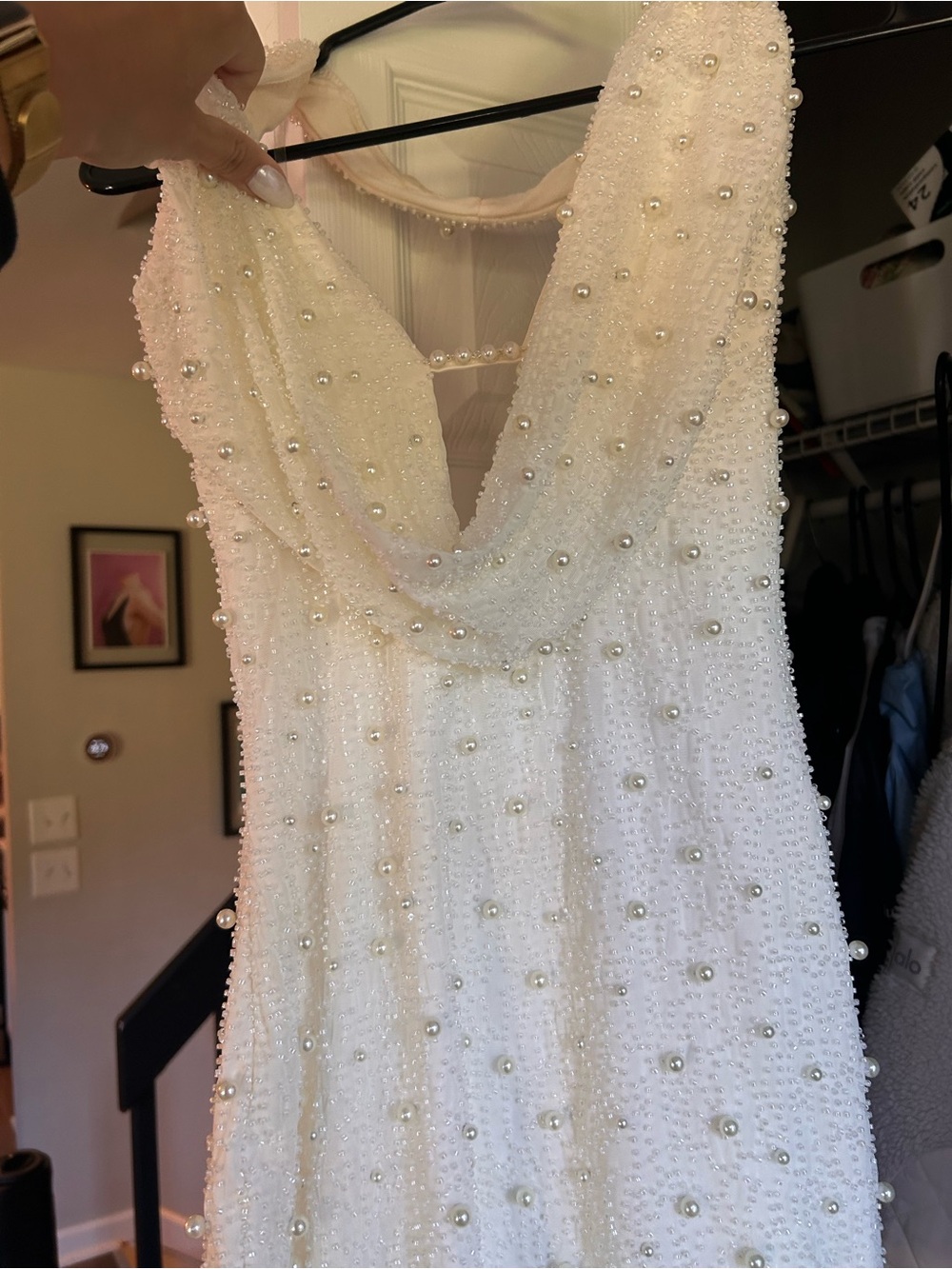 Oh Polly Ivory Pearl-Embellished Low Neck Backless Wedding Dress Bachelorette